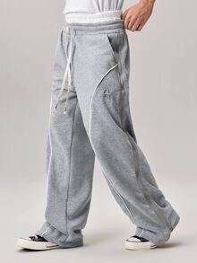 Vaulklash Young Street Style Wide Leg Pants,Grey,Autumn,Streetwear,Gym,Double Zipper Waist,Baggy Graphic Embroidered Patterns,Reflective Edge Strips,Couples - Light Grey - View 5