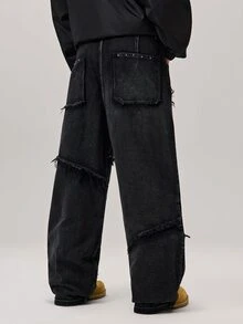 Vaulklash 男士复古时尚百搭铆钉磨损做旧阔腿宽松休闲日常牛仔裤 - 黑色 - 查看 4