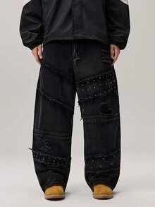 Vaulklash 男士复古时尚百搭铆钉磨损做旧阔腿宽松休闲日常牛仔裤 - 黑色 - 查看 5