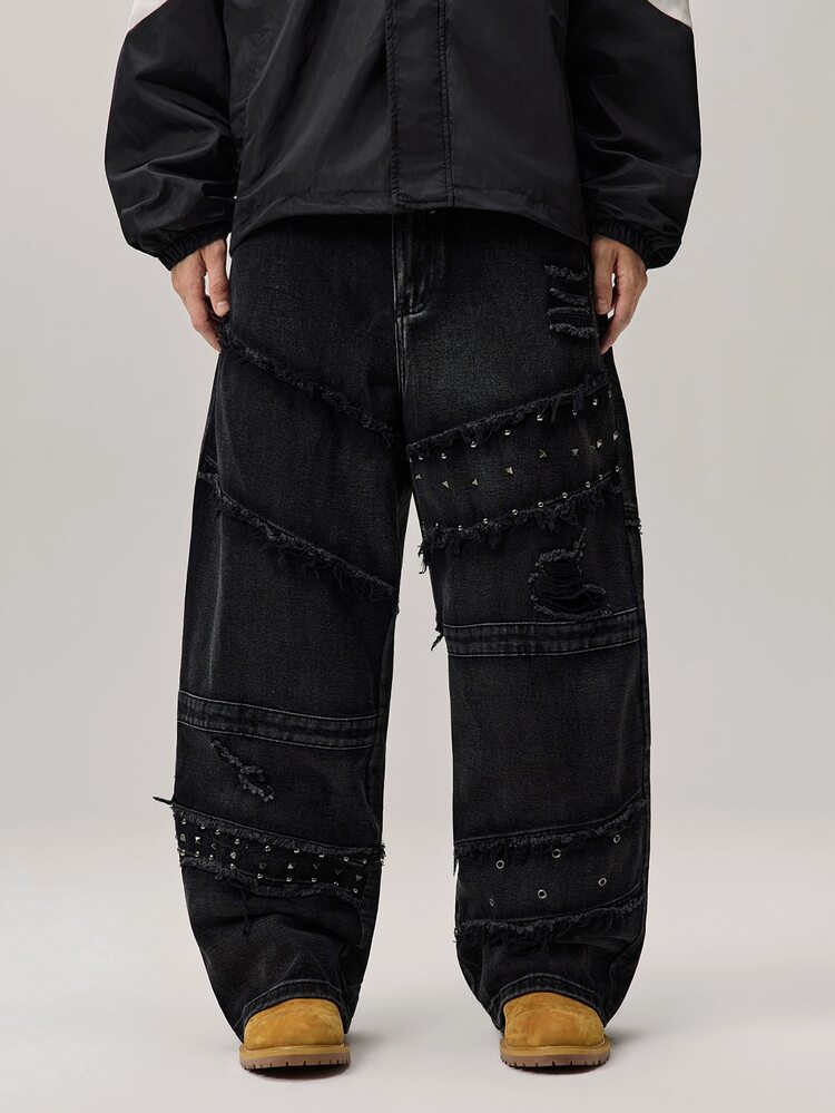 Vaulklash Men's Vintage Fashionable Versatile Rivet Frayed Distressed Wide Leg Loose Casual Daily Denim Jeans - Black - View 4