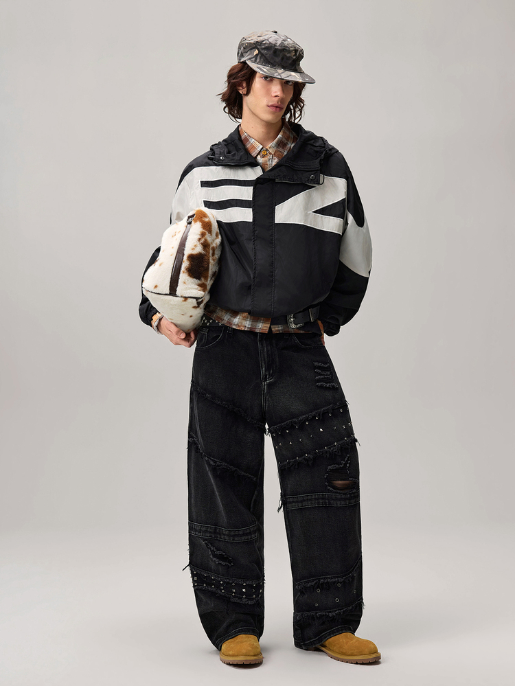 Vaulklash Men's Vintage Fashionable Versatile Rivet Frayed Distressed Wide Leg Loose Casual Daily Denim Jeans - Black - View 2