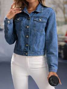EMERY ROSE Women's Casual Front Button Flap Pocket Denim Jacket - Medium Wash - View 6