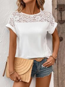 EMERY ROSE Women's Lace Patchwork Round Neck Short Sleeve T-Shirt - White - View 7