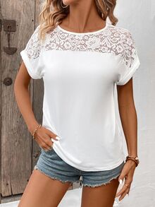 EMERY ROSE Women's Lace Patchwork Round Neck Short Sleeve T-Shirt - White - View 5
