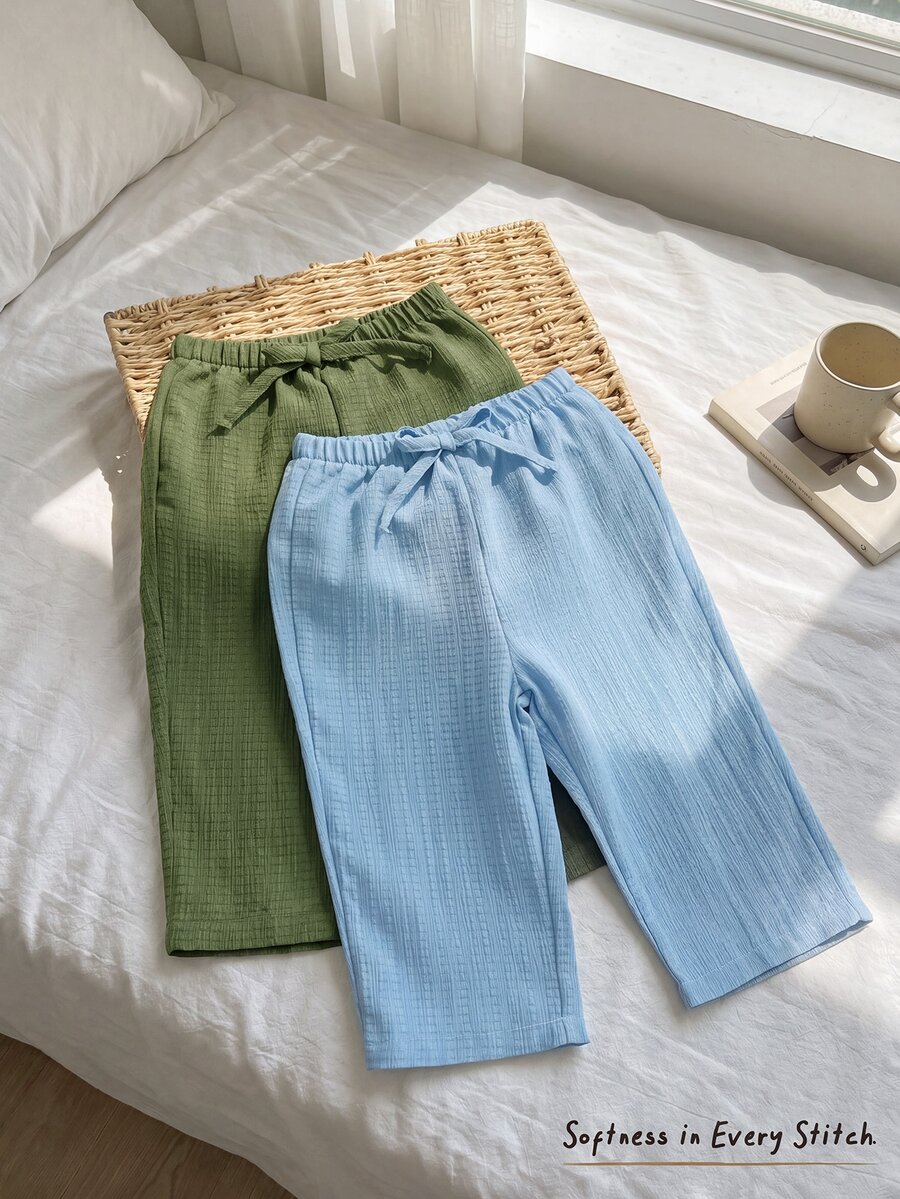Cozy Pixies 2pcs/Set Baby Girl Baby Boy Textured Fabric Loose Wide Leg Straight Pants Versatile Long Pants Vacation Style - Multicolor - View 1