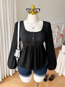 Comfortcana Plus Size Black Long Sleeve Thin Vintage Slimming Peplum T-Shirt, Spring/Autumn Fall - Black - View 6