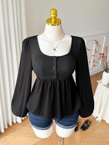 Comfortcana Plus Size Black Long Sleeve Thin Vintage Slimming Peplum T-Shirt, Spring/Autumn Fall - Black - View 4