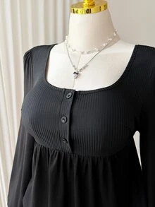 Comfortcana Plus Size Black Long Sleeve Thin Vintage Slimming Peplum T-Shirt, Spring/Autumn Fall - Black - View 1