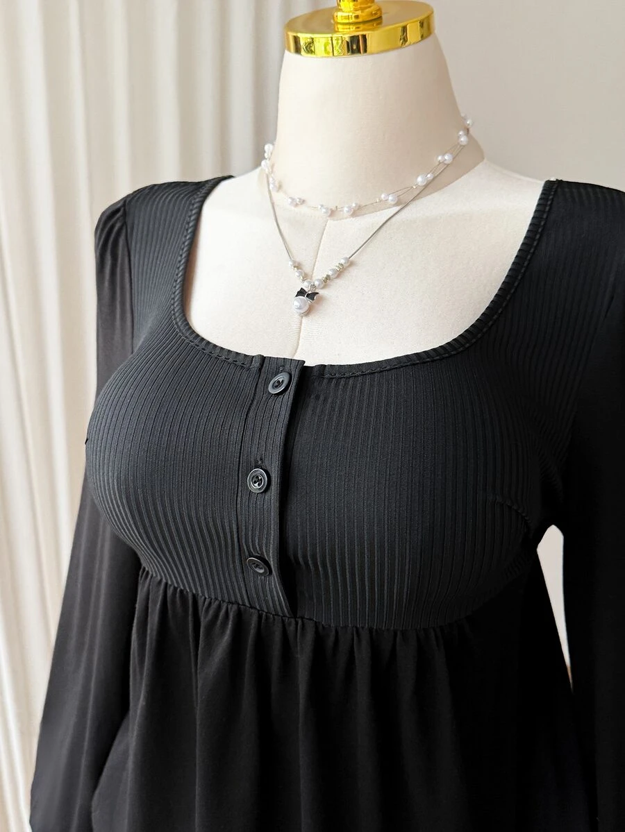Comfortcana Plus Size Black Long Sleeve Thin Vintage Slimming Peplum T-Shirt, Spring/Autumn Fall - Black - View 1