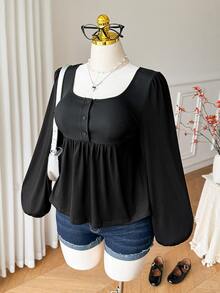 Comfortcana Plus Size Black Long Sleeve Thin Vintage Slimming Peplum T-Shirt, Spring/Autumn Fall - Black - View 5