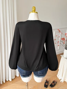 Comfortcana Plus Size Black Long Sleeve Thin Vintage Slimming Peplum T-Shirt, Spring/Autumn Fall - Black - View 2