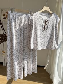 Comfortcana Setelan Kasual Ukuran Besar 2 Potong Atasan Tank Top dan Celana Panjang Motif Leopard Abu-abu - MultiWarna - View 5
