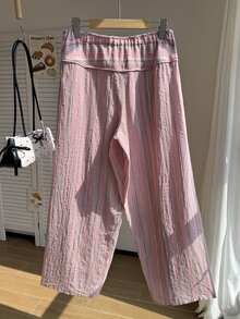 Comfortcana Celana Panjang Bergaris Pink Model Vintage Kasual Ukuran Besar dengan Tali Pengikat - Berwarna merah muda - View 2