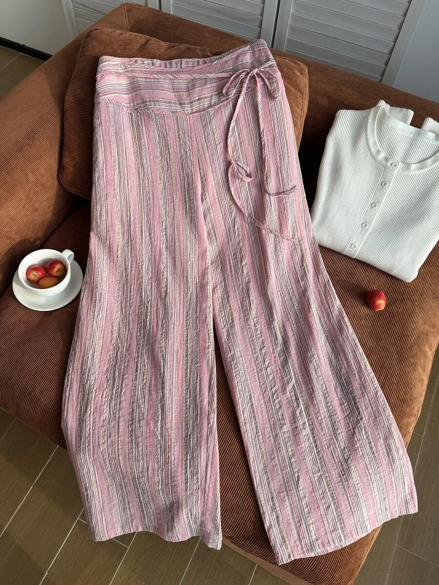 Comfortcana Celana Panjang Bergaris Pink Model Vintage Kasual Ukuran Besar dengan Tali Pengikat - Berwarna merah muda - View 1