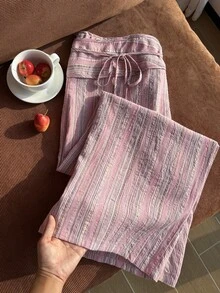 Comfortcana Celana Panjang Bergaris Pink Model Vintage Kasual Ukuran Besar dengan Tali Pengikat - Berwarna merah muda - View 4