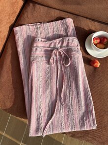Comfortcana Celana Panjang Bergaris Pink Model Vintage Kasual Ukuran Besar dengan Tali Pengikat - Berwarna merah muda - View 6