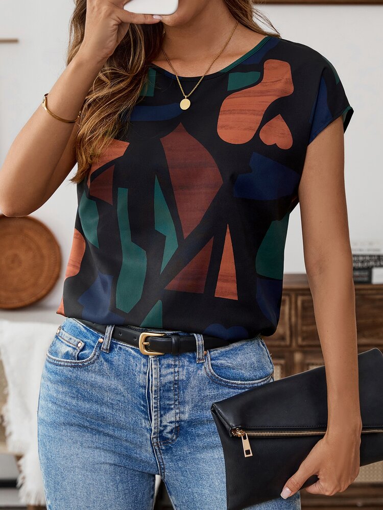 EMERY ROSE Women's Summer Geometric Print Batwing Sleeve Casual Shirt,Short Sleeve Tops - Multicolor - View 5