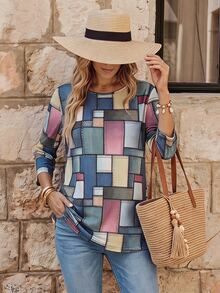 EMERY ROSE Women's Casual Plaid Print 3/4 Sleeve T-Shirt - Multicolor - View 2