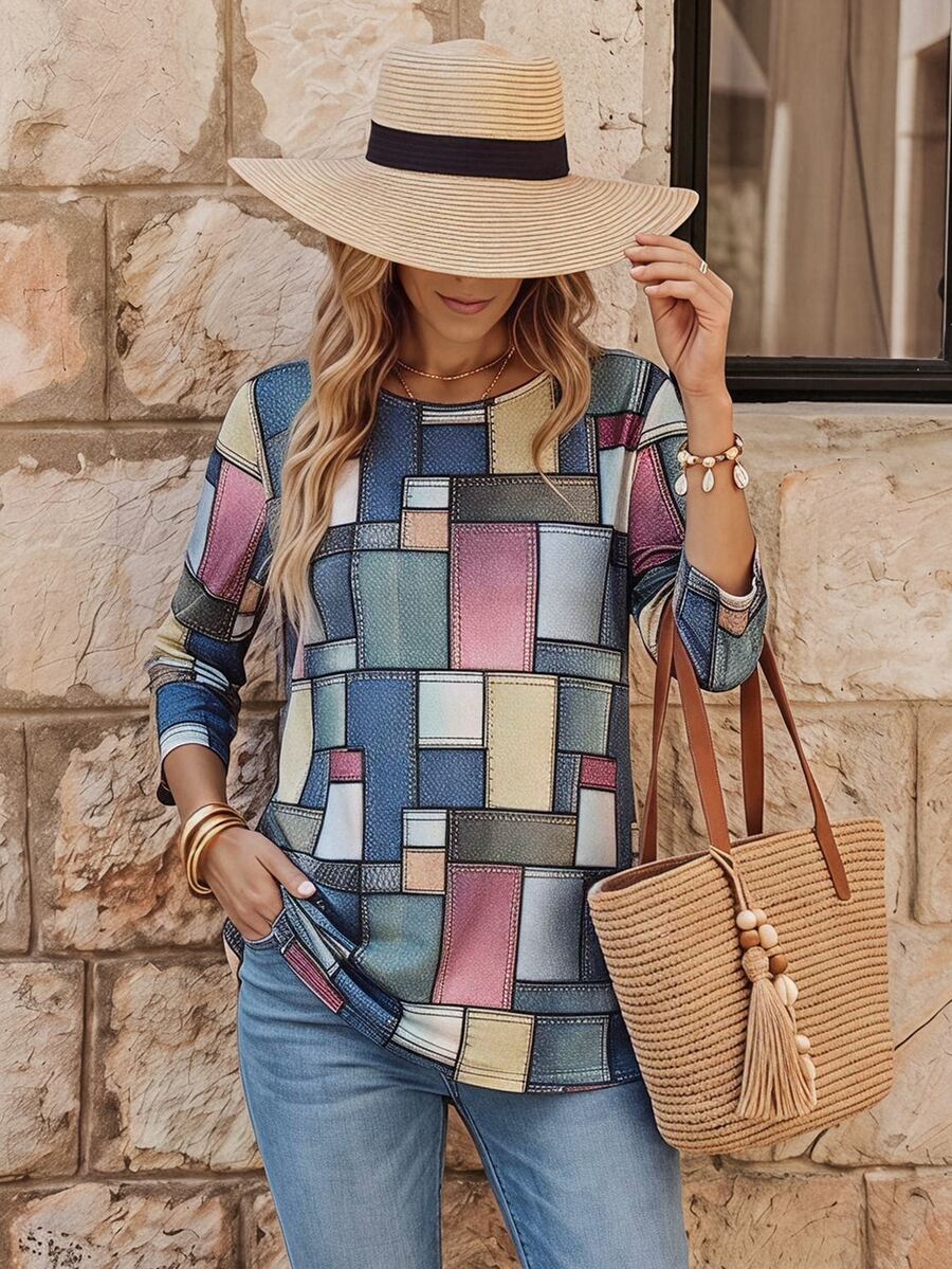 EMERY ROSE Women's Casual Plaid Print 3/4 Sleeve T-Shirt