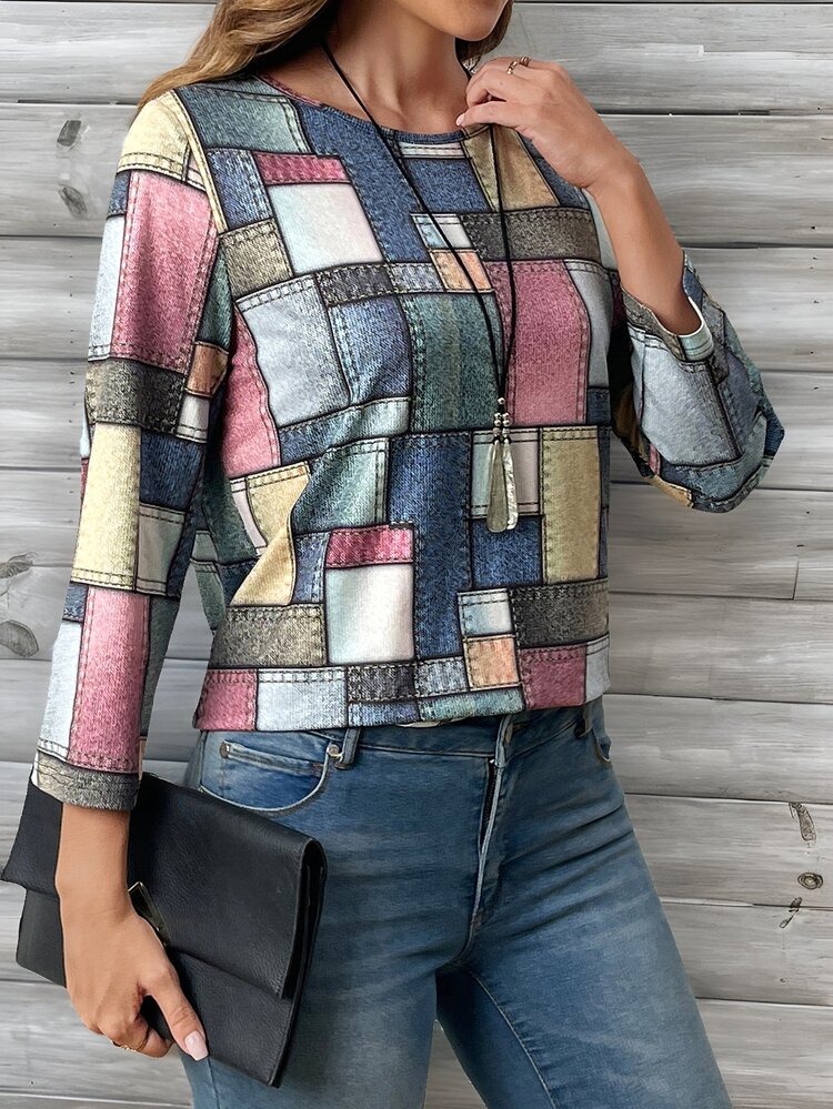 EMERY ROSE Women's Casual Plaid Print 3/4 Sleeve T-Shirt - Multicolor - View 4