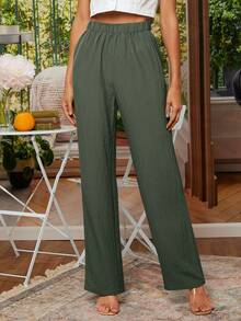 EMERY ROSE Solid Elastic Waist Straight Leg Pants - Army Green - View 9