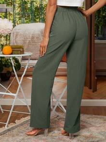 EMERY ROSE Solid Elastic Waist Straight Leg Pants - Army Green - View 2