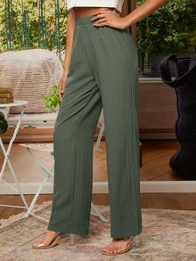 EMERY ROSE Solid Elastic Waist Straight Leg Pants - Army Green - View 7