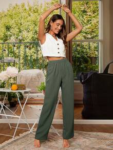 EMERY ROSE Solid Elastic Waist Straight Leg Pants - Army Green - View 4