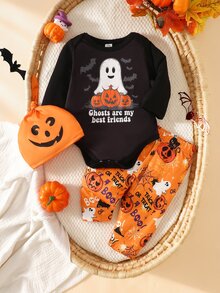 SHEIN 新生兒萬聖節套裝 幽靈與南瓜圖案 趣味長袖連身衣、長褲與帽子 - 黑色 - 查看 3