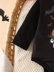 SHEIN 新生兒萬聖節套裝 幽靈與南瓜圖案 趣味長袖連身衣、長褲與帽子 - 黑色 - 查看 7