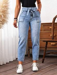 EMERY ROSE Women's Casual Denim Belt With Pocket Cone Pants - Medium Wash - View 3