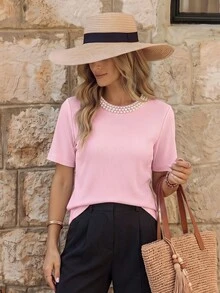 EMERY ROSE Elegant, åtsittande, rund hals, pärlmönster, ribbad kortärmad t-shirt för kvinnor - Rosa - Visa 1