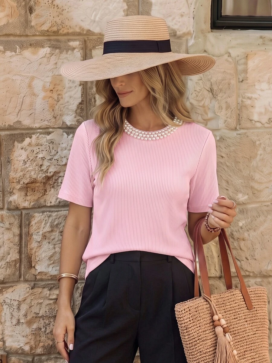 EMERY ROSE Elegant, åtsittande, rund hals, pärlmönster, ribbad kortärmad t-shirt för kvinnor - Rosa - Visa 1