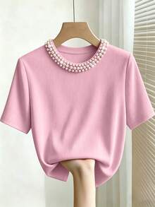 EMERY ROSE Elegant Fitted Round Neck Beaded Ribbed Short Sleeve T-Shirt For Women - Pink - View 3