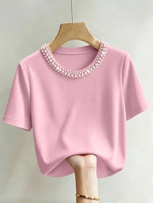 EMERY ROSE Elegant Fitted Round Neck Beaded Ribbed Short Sleeve T-Shirt For Women - Pink - View 4