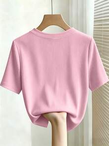 EMERY ROSE Elegant Fitted Round Neck Beaded Ribbed Short Sleeve T-Shirt For Women - Pink - View 2