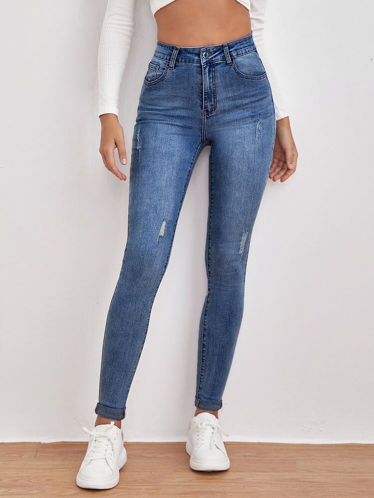 EMERY ROSE High Waist Ripped Detail Skinny Jeans Winter - Medium Wash - View 3
