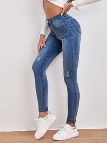 EMERY ROSE Jeans ajustados de talle alto con diseño de desgarro - Azul lavado medio - Ver 5