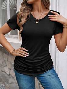 EMERY ROSE Women Summer Solid Color V-Neck Short Sleeve Casual T-Shirt - Black - View 4