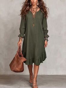 SHEIN Women's Woven Casual Resort Autumn Dress - Army Green - View 1
