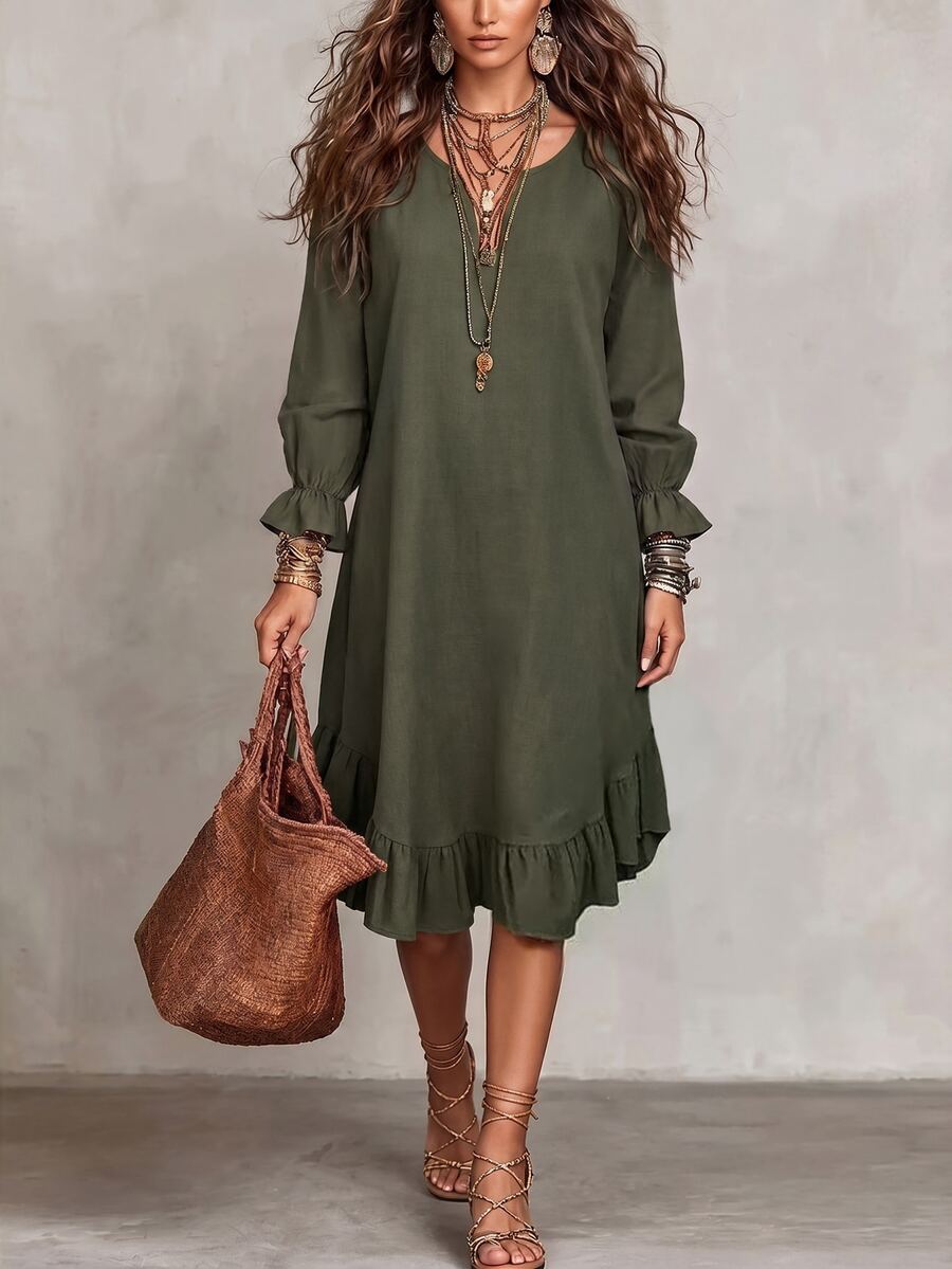 SHEIN Women's Woven Casual Resort Autumn Dress - Army Green - View 1