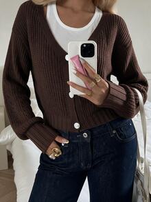 Women's Cropped Deep V-Neck Button-Front Thin Cardigan - Brown - View 6