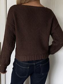 Women's Cropped Deep V-Neck Button-Front Thin Cardigan - Brown - View 2
