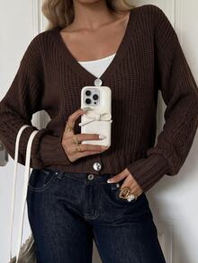 Women's Cropped Deep V-Neck Button-Front Thin Cardigan - Brown - View 3