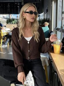 Women's Cropped Deep V-Neck Button-Front Thin Cardigan - Brown - View 1