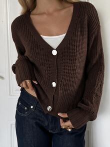 Women's Cropped Deep V-Neck Button-Front Thin Cardigan - Brown - View 4