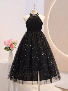 青少年女孩掛脖天鵝絨星空亮片網紗高低裙，優雅適合主持、鋼琴表演、生日派對，黑色秋季款 - 黑色 - 查看 5