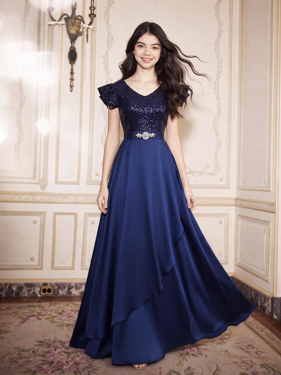 SHEIN Elegant Katseye Cute Asymmetrical Patchwork Long Dress With ...