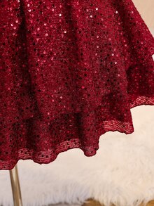 少女時尚派對亮片露肩細肩帶洋裝 - 酒紅色 - 查看 8