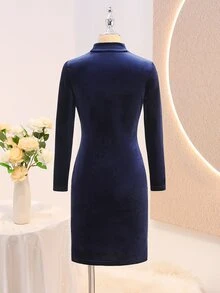 SHEIN Gaun Polos Elegan untuk Anak Perempuan Remaja, Musim Gugur/Dingin - Navy Blue - View 5